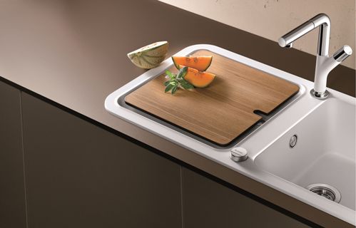 Chiuveta BLANCOYOVA Silgranit PuradurII alba, cu tocator lemn frasin